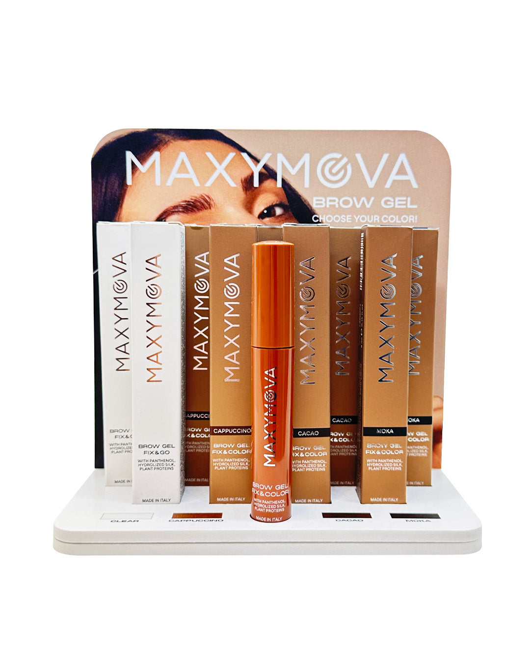 Expositor para geles de cejas MAXYMOVA: Organizador de salón con 9 ranuras y espacio para tester.