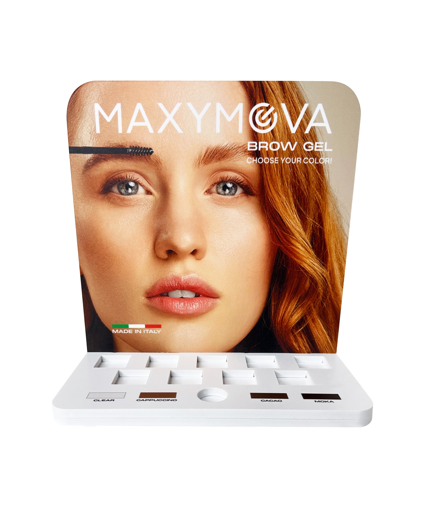Expositor para geles de cejas MAXYMOVA: Organizador de salón con 9 ranuras y espacio para tester.