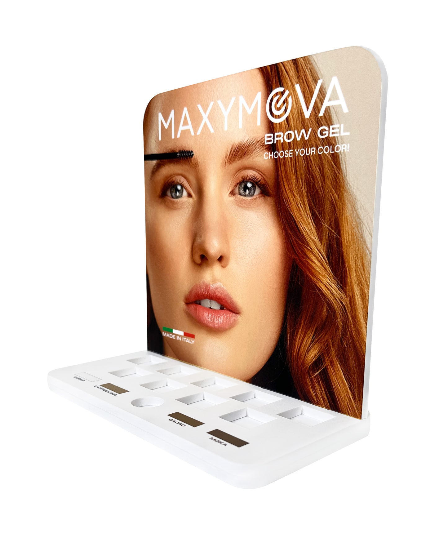 Expositor para geles de cejas MAXYMOVA: Organizador de salón con 9 ranuras y espacio para tester.